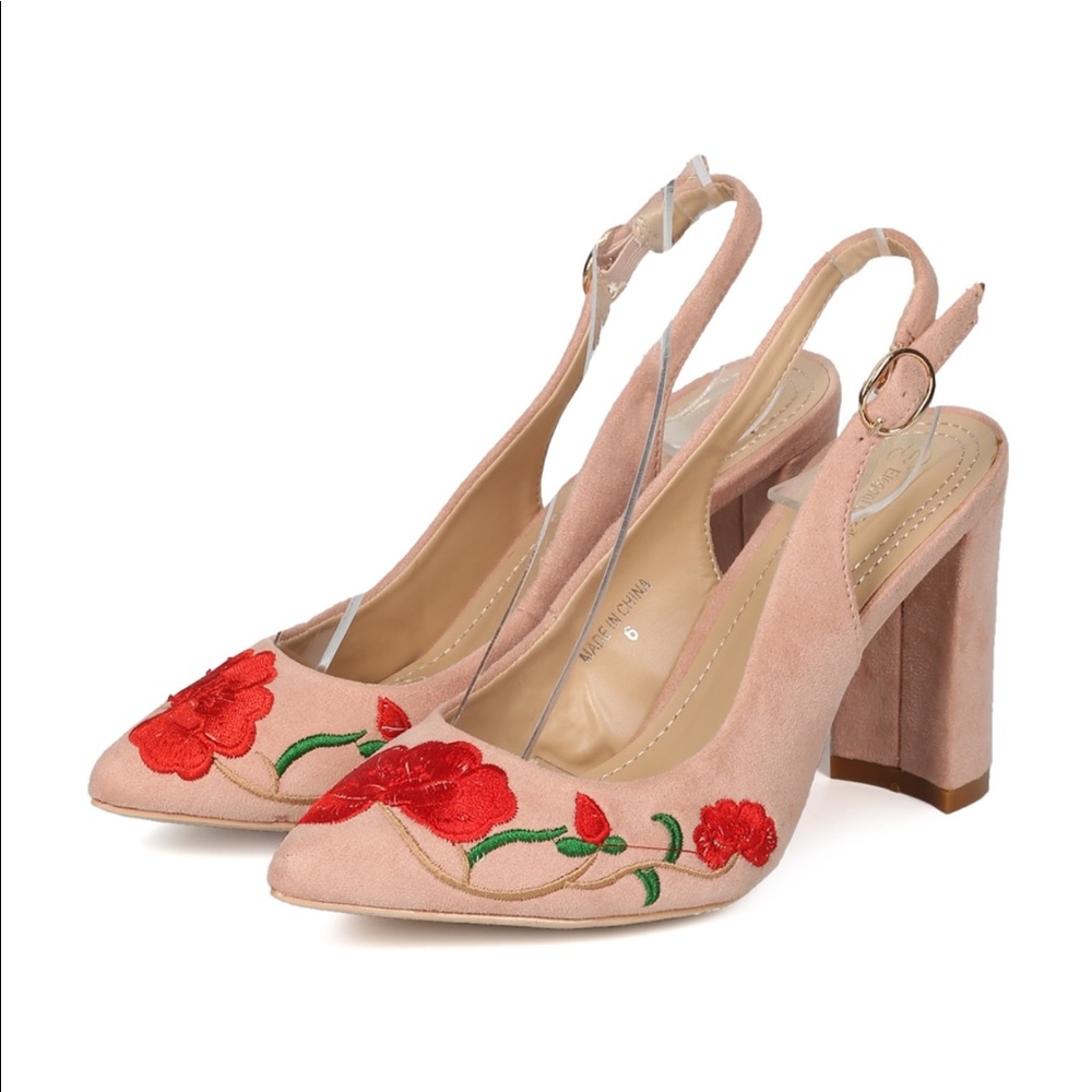 Joselyn- Vegan Suede embroidered slingback heels